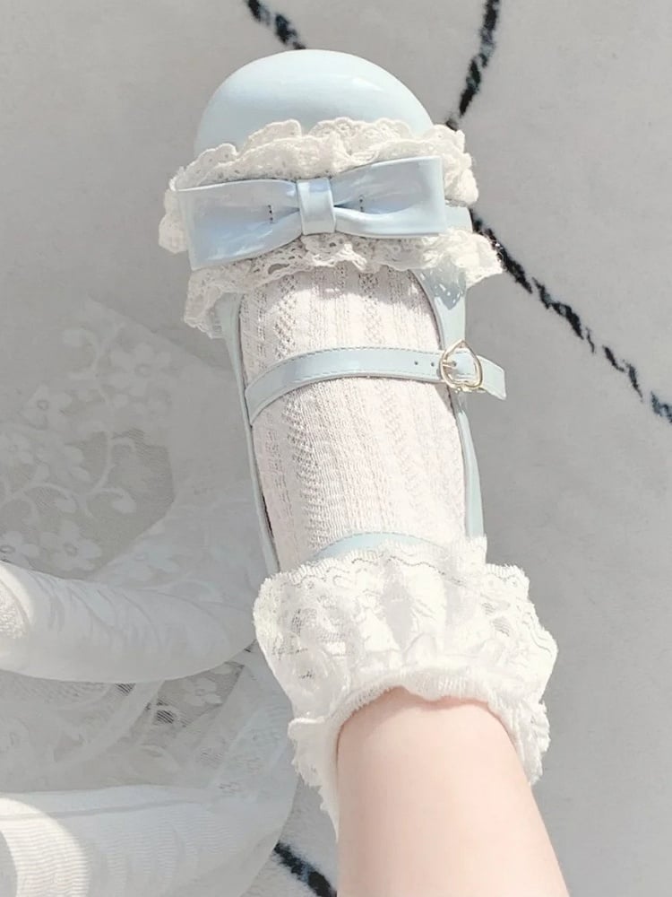 Low-heel Mary Janes with Bow Sweet Lolita Round-Toe Blue Accent