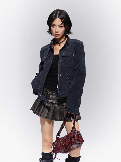 PU Black Pleated Embroidered Floral Skirt Punk Mini with