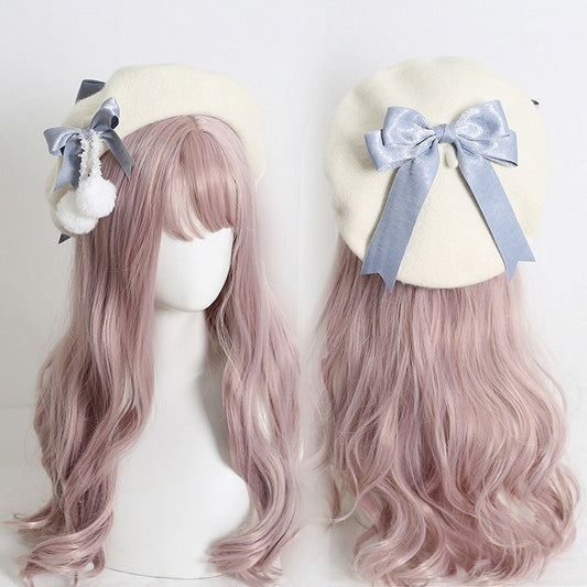 Colors 6 With Pom-Poms Cute Girly-Style White Cream Beret Bowknot