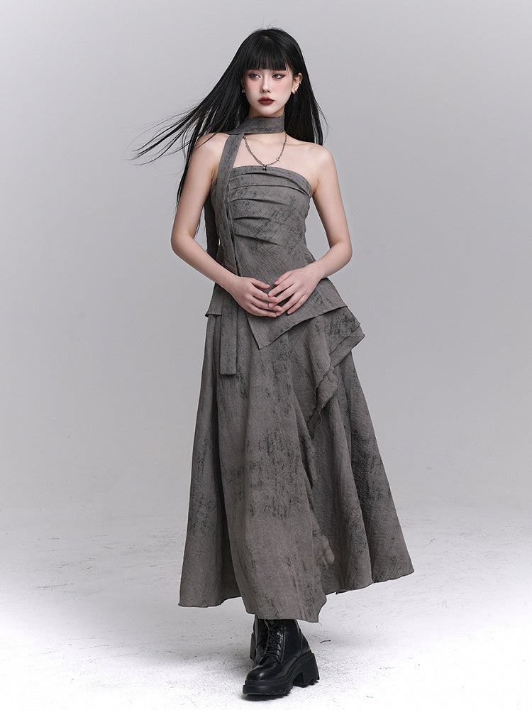 Gray Splatter Punk Matching Layered with Asymmetric Wasteland Neck Ruching Strap Bustier