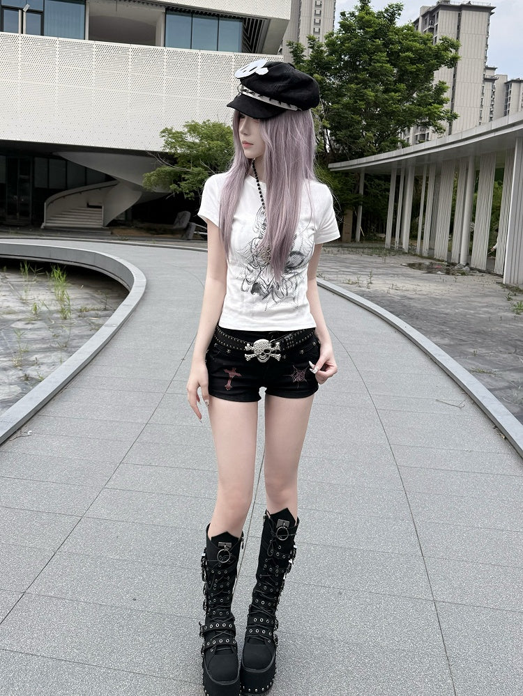 with T-shirt in Cartoon Cotton Crew White Neck Print Slim-fitting Girl