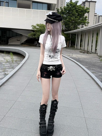 with T-shirt in Cartoon Cotton Crew White Neck Print Slim-fitting Girl