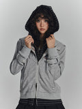 Hooded Wing Embroidery Hoodie Two-in-One Striped Inner Gray with Crop Punk Jacket