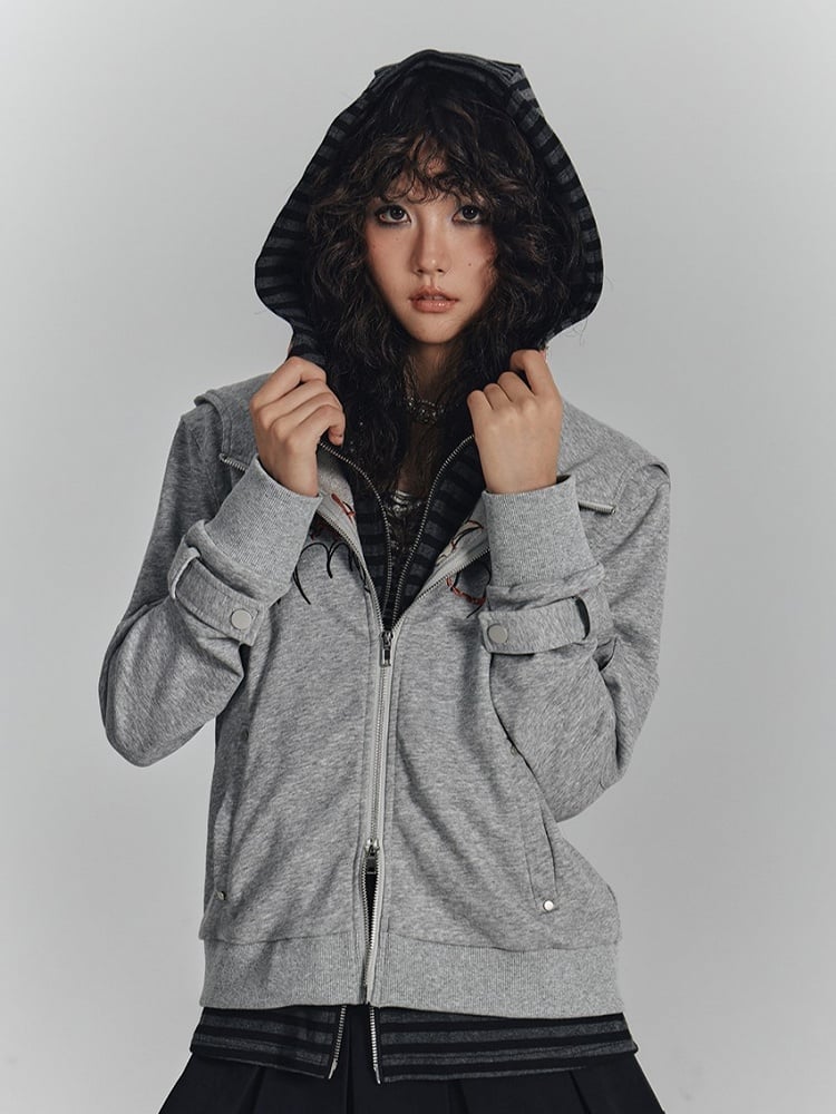 Hooded Wing Embroidery Hoodie Two-in-One Striped Inner Gray with Crop Punk Jacket