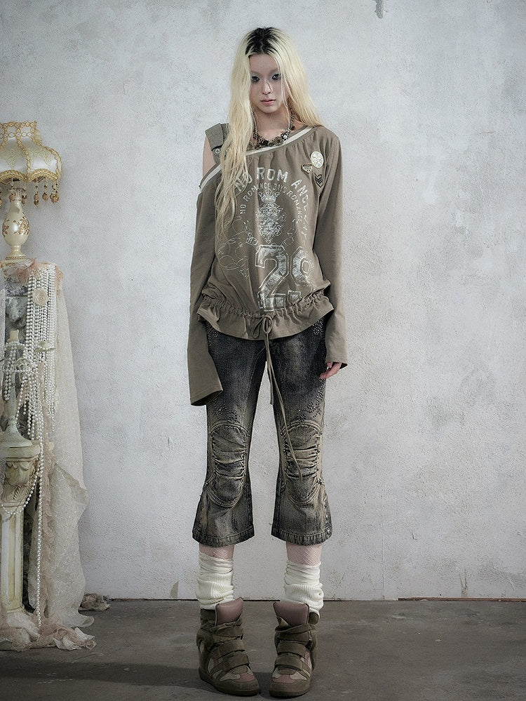 Khaki Green Asymmetric Shoulder Long Sleeve Top with Letter Print & Drawstring Hem, Faux Two-Piece Punk Casual - NO ROMANCE
