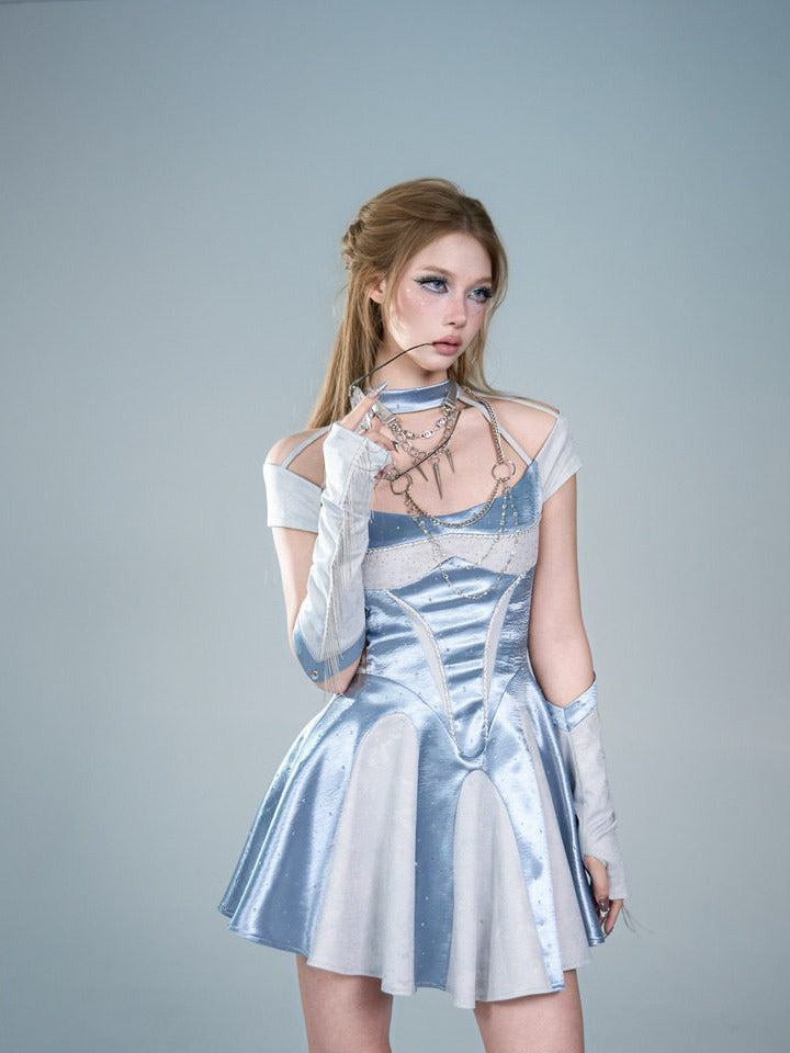 Blue Y2K Satin Halter Neck A-Line Dress with Rhinestone - Virtual Orbit