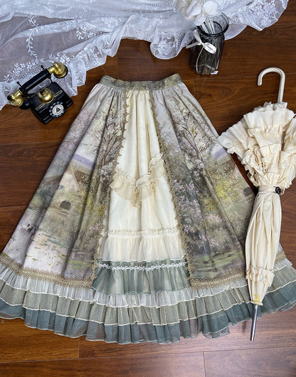 油絵プリントのグリーンレイヤードフリル裾ロリータスカート