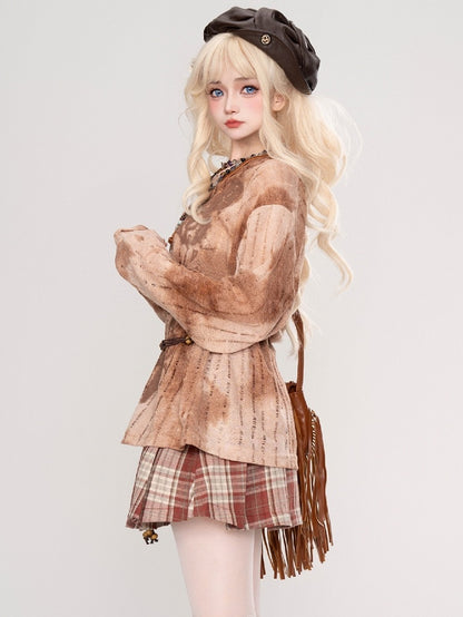 Grey/Brown Butterflies Asymmetrical Neckline Tie Dye Top