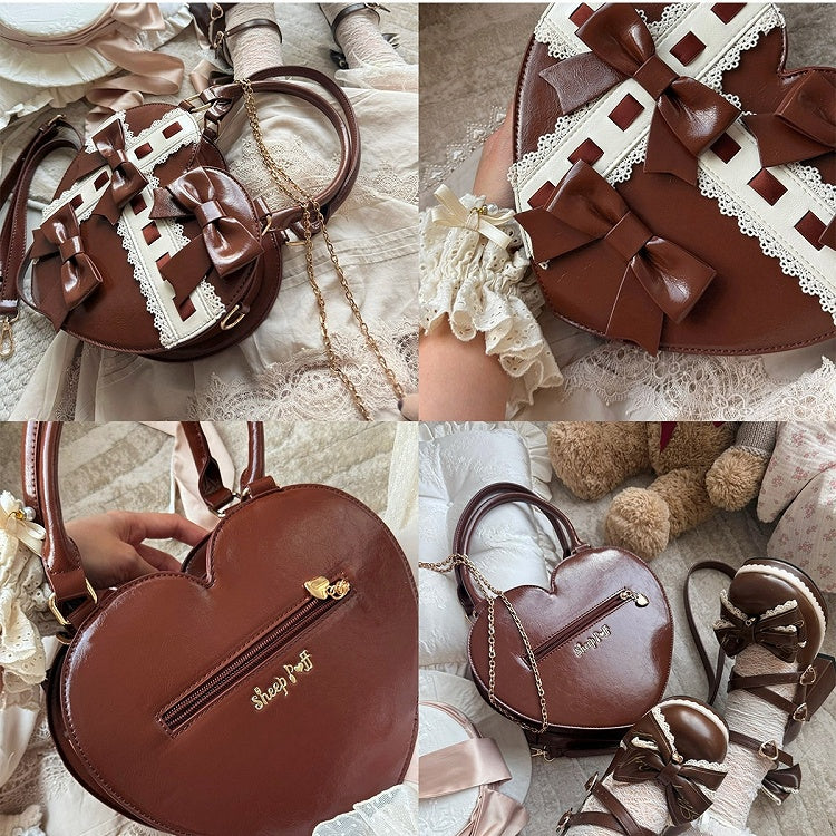 PU Bag Sweet Details Heart Bowknot Brown Leather in Straps Hem Scalloped