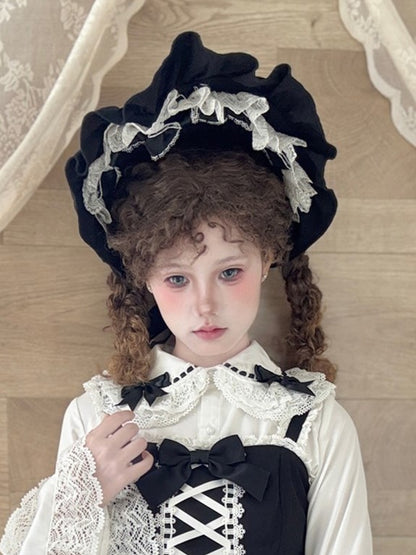 Black Lolita Bonnet with Ruffled White Lace Trim