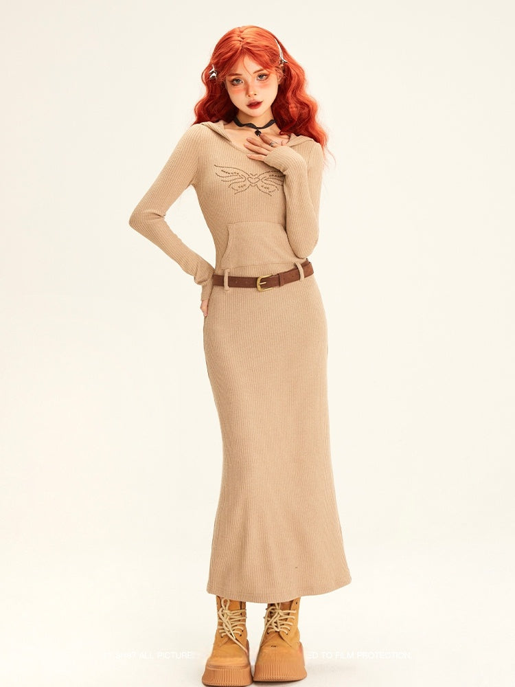with Belt Maxi Dress Hooded Studded Butterfly Design Beige Knit
