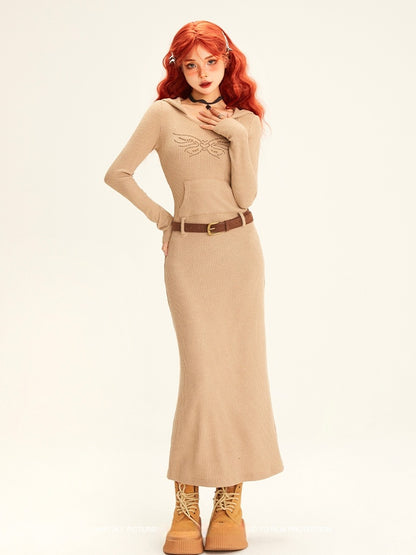 with Belt Maxi Dress Hooded Studded Butterfly Design Beige Knit
