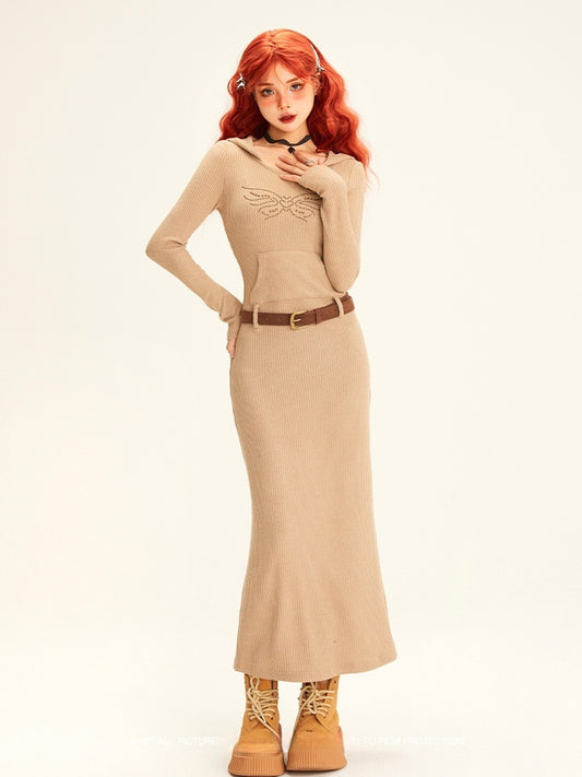 with Belt Maxi Dress Hooded Studded Butterfly Design Beige Knit