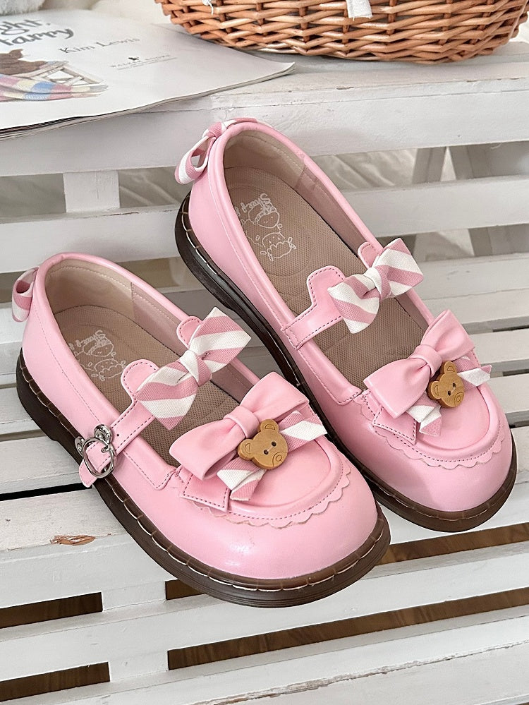 - 2 cm süße, gleichmäßig gestreifte Flats mit rosa Schleife und PU-Lolita-Sohle