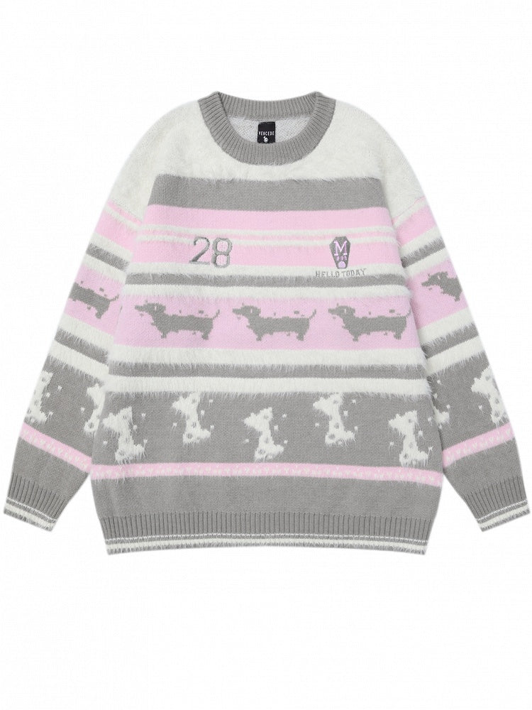 ピンクとグレーのかわいいダックスフントと骨のラウンドネックストライプセーター