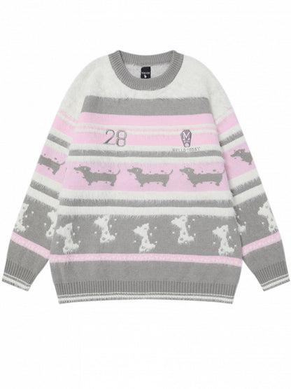 ピンクとグレーのかわいいダックスフントと骨のラウンドネックストライプセーター