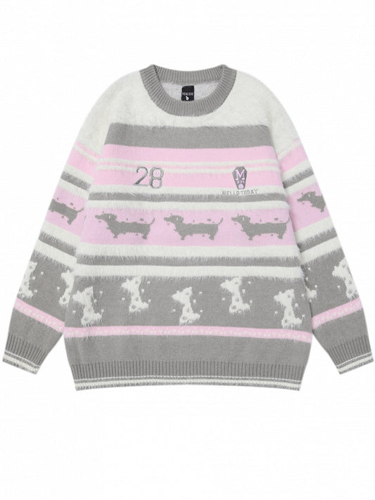 ピンクとグレーのかわいいダックスフントと骨のラウンドネックストライプセーター