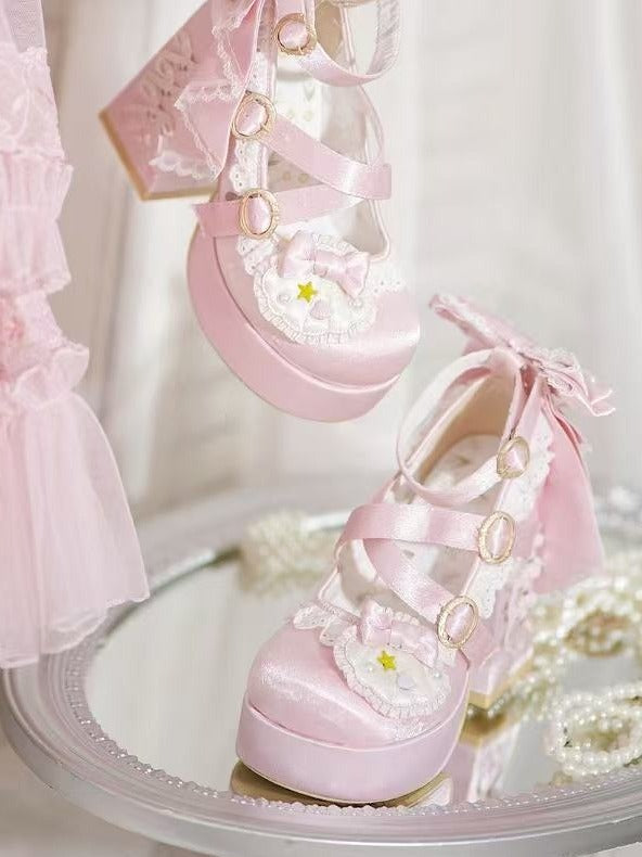 Light Pink Round-Toe Lolita Shoes, 11.5CM Bowknot Block Heel, Pearl & Shell - Bad Bear