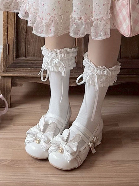 PU Bow White Heeled Lolita Bunny 4.2cm Shoes Sweet Decor in Strawberry - Buckle