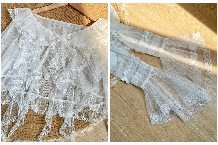 White Top Trim Sleeves Ruffle Long Dotted Sheer Cascading Tulle