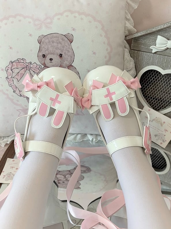 Medical Rabbit Themed White Mary Janes in PU - Low-heel Design, Nurse Cap with Rabbit Ears & Magic Tape