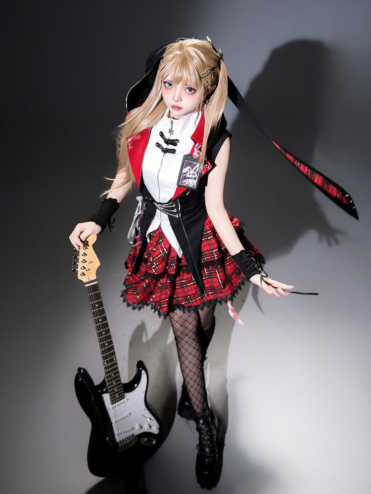 Punk Bunny Ear Hooded Coat with Diamond Tailcoat and Plaid Skirt in Black and Red - Xiong Dou Jiang