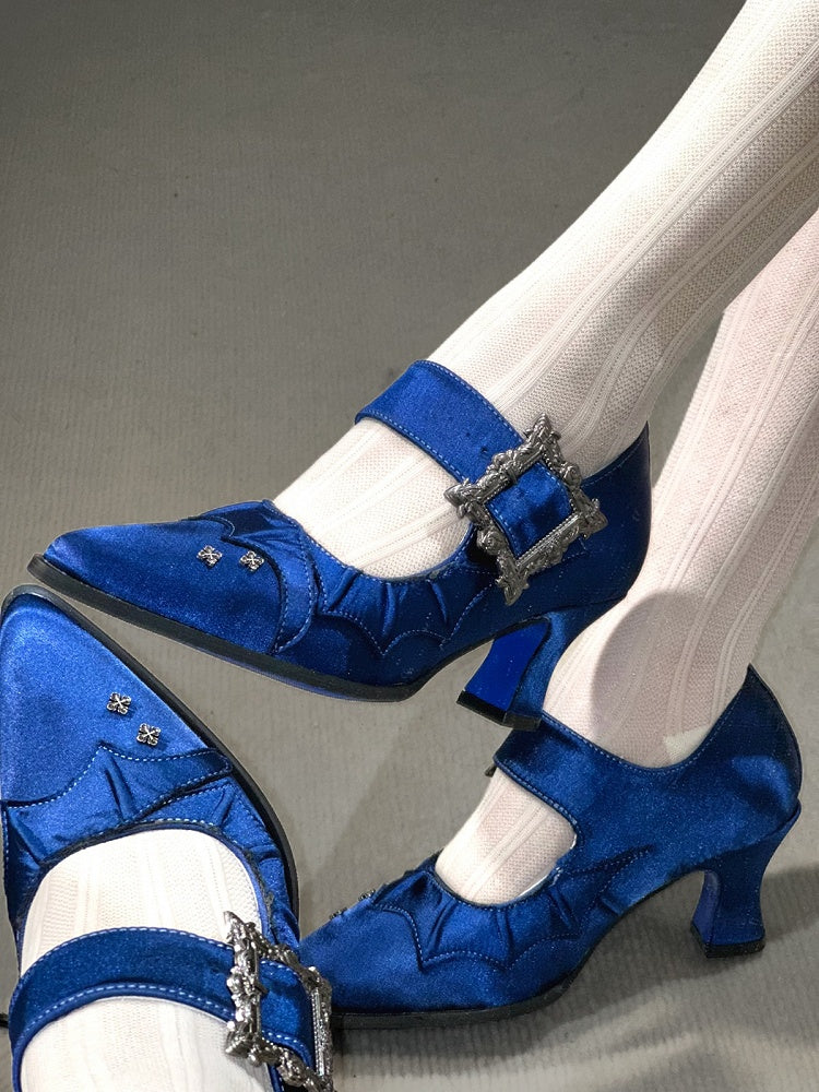 Satin Klein Blue 6.5CM Pointed Toe Heels with Bat Wing and Square Buckle Gothic Accents - NRose