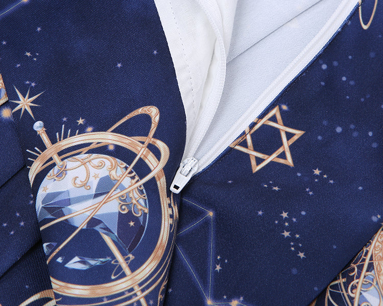 Navy Blue Celestial Globes Print JK Uniform Pleated Skirt