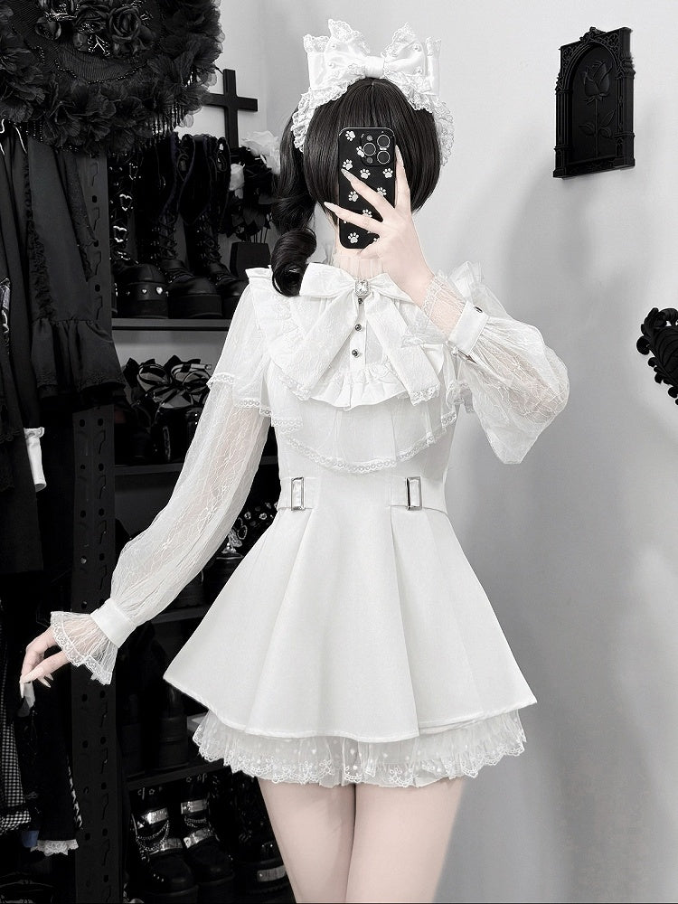White Cape Design Long Sleeve Dress with Lace and Shorts Set - Faded Dolls