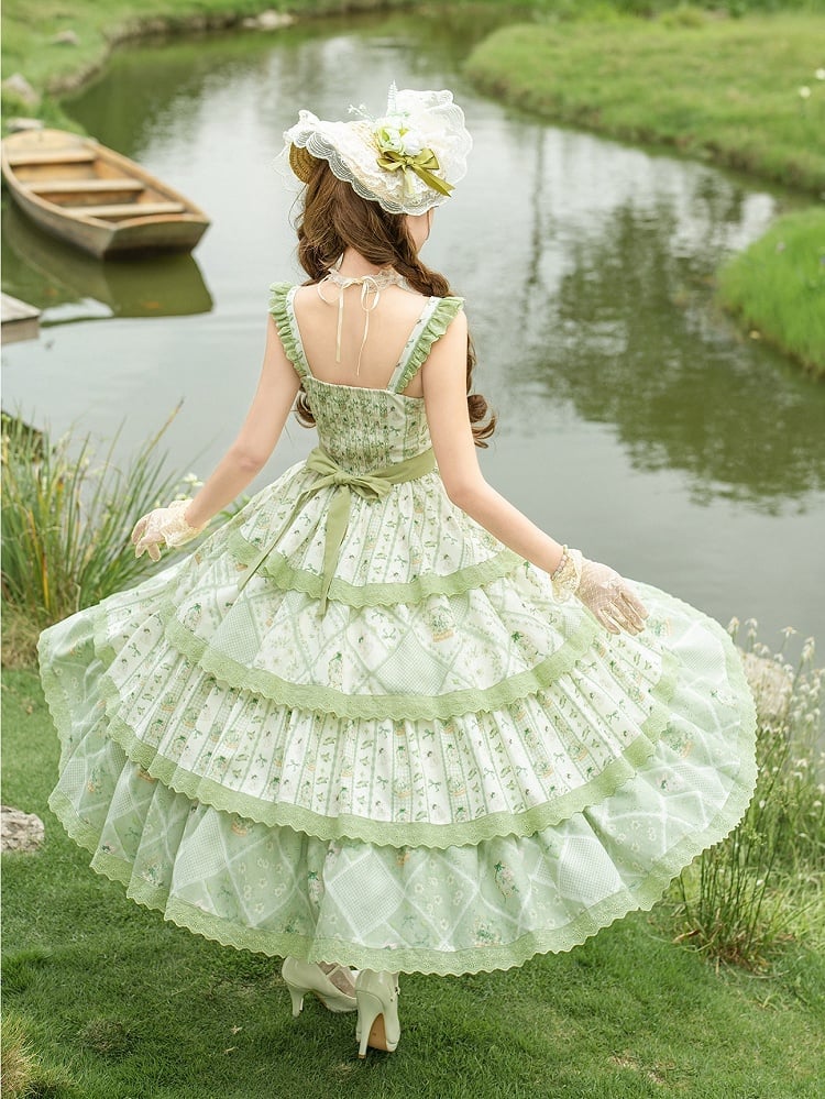 Flower Basket and Bunny Print Green Natural Kei Lolita Tiered JSK Dress - With PUJI