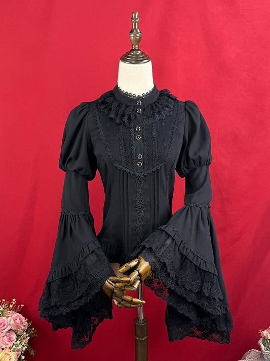 Black Elegant Long Bell Sleeves Blouse