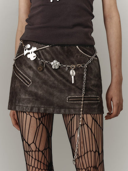 Zippers Flap Vintage Pockets Punk Coffee Skirt PU Asymmetrical Back with Mini