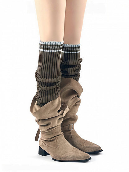 Preppy Striped Warmers Style Brown/White Pattern Leg Knitted