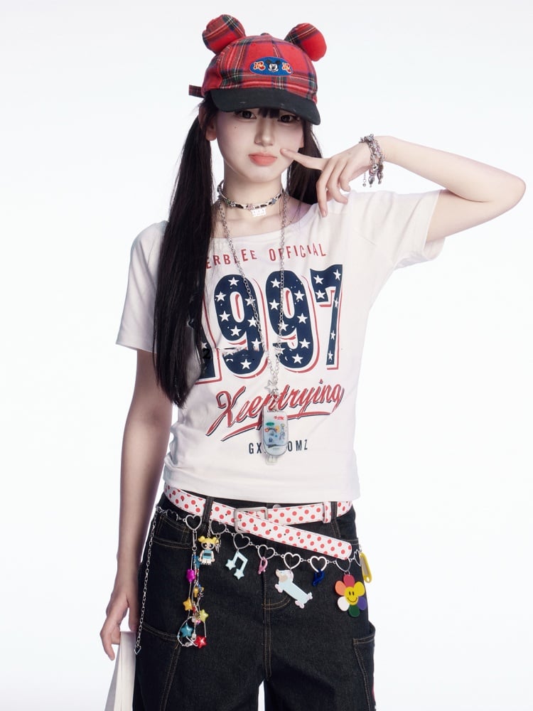 ホワイトネック ヴィンテージ ラウンド アシンメトリーネックライン ナンバープリント