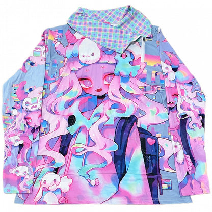 Cartoon Print Neck Top Turtle Oversized Colorful Pattern Long Plaid Sleeves Y2K