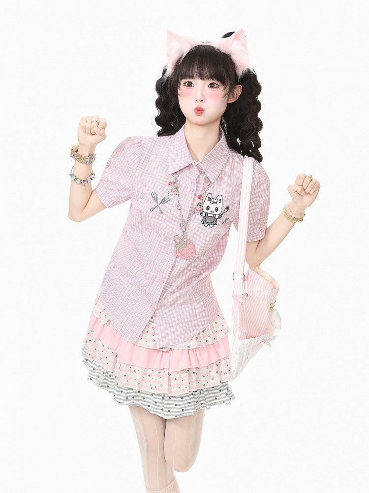 Kawaii Pink Gingham Short Sleeve Shirt with Bunny Embroidery - Languid Park