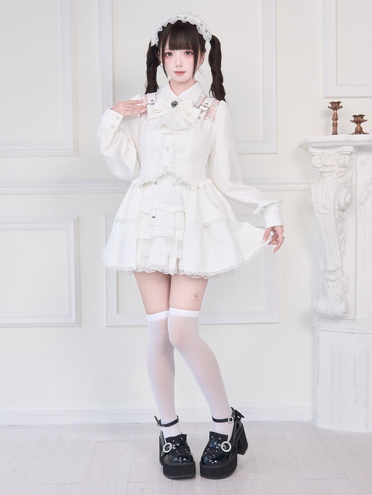 Adorned Blouse Illusion with Strap Details Buckle Neckline White Kei Jirai