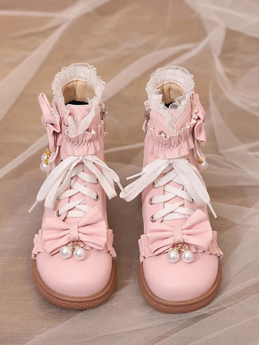 Lace Ruffles Boots Regular/Thicken Pink Cuff Trim Version Lolita - with Top Bow