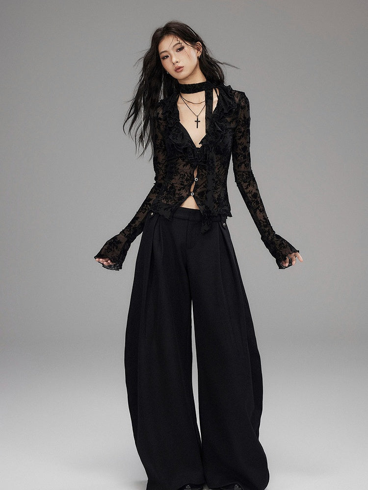 Wide Leg Black Loose Pants with Slant Front Pockets - Low pixel