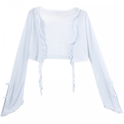 Besatz Hellblaue Schleife Manschettendetails Offene Knopfleiste Chiffon Cardigan Rüsche