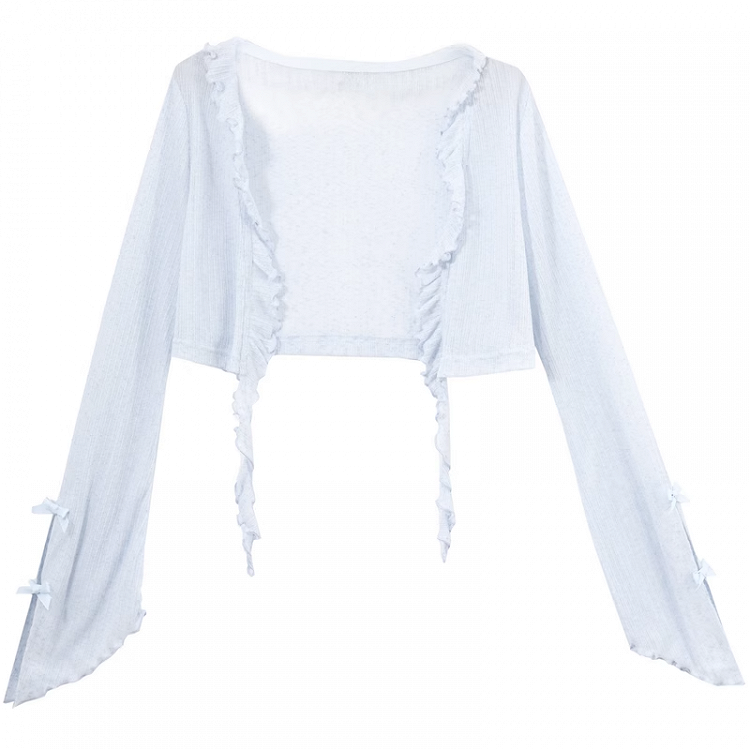 Hellblaues Chiffon-Top mit Rüschendetails und Schleife und Bündchenbesatz und offener Knopfleiste