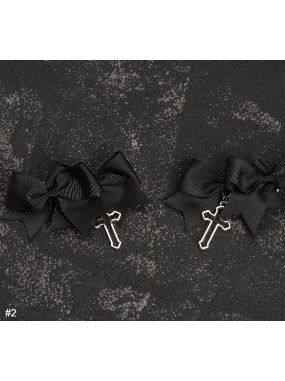 Black Gothic Bow Hairclip with Cross - Strange Sugar