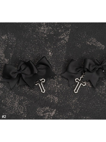 Black Gothic Bow Hairclip with Cross - Strange Sugar