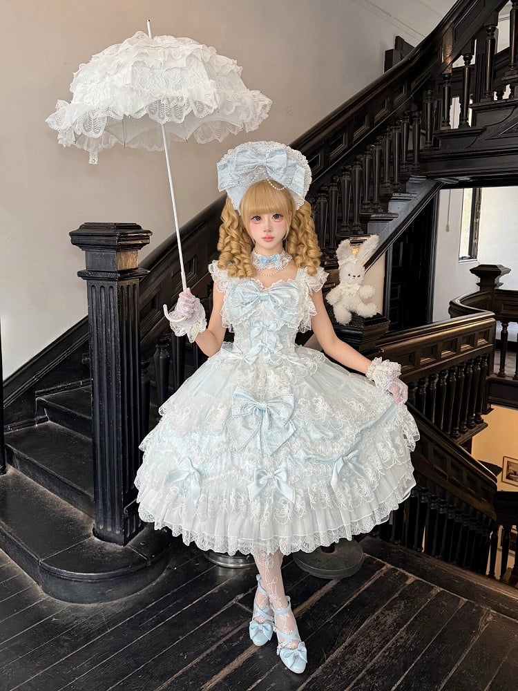 Decor With Dress Multi-Layer Lolita Hanayome-Style JSK Blue Trim Lace Bow