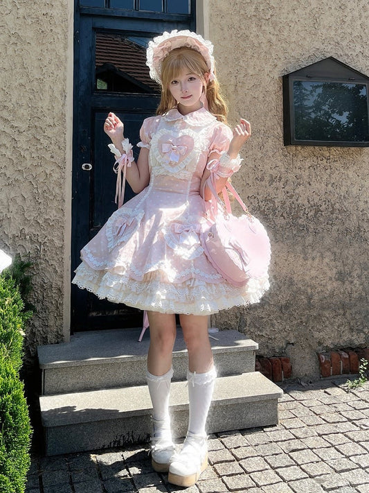 Lolita Dress Accents Pink Bow White with Applique Polka Dot Heart Sweet Sweetheart