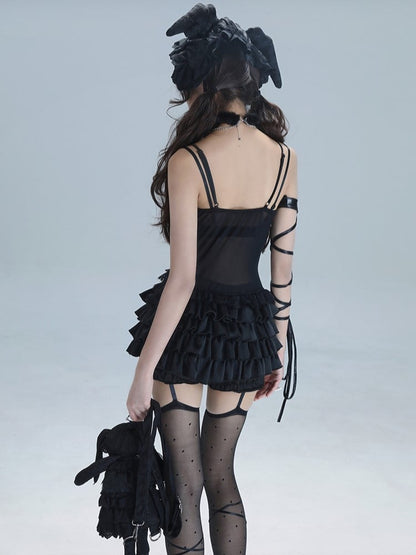 Ballet-Inspired Punk Star with Lace Black Layered Trim Top Ruffles Rhinestone Cami