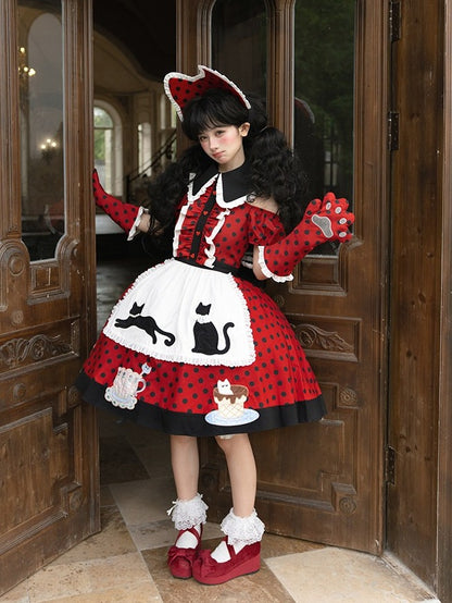 Polka Dot Red & Black Lolita Gown with Apron and Cat Motif - Rock Candy Box