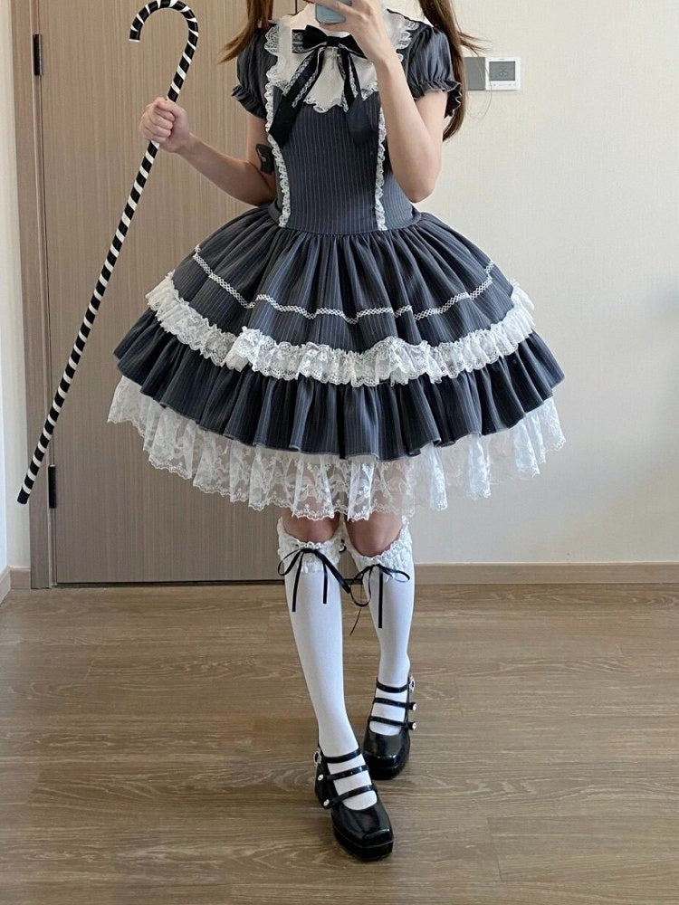 Gray Striped Lace OP Dress with Apron - Delusions Studio
