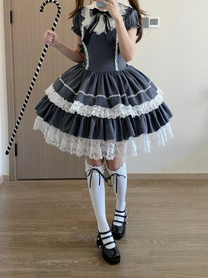 Gray Striped Lace OP Dress with Apron - Delusions Studio