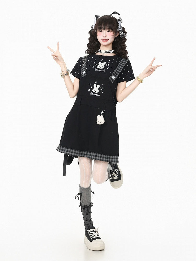Black Plaid Overall Shorts with Bunny Embroidery - Languid Park